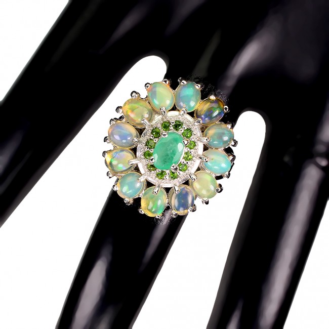 Fancy Ethiopian Opal Emerald .925 Sterling Silver handcrafted ring size 8 1/4