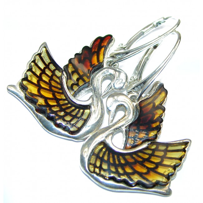Masterpiece Genuine carved Baltic Amber Swans .925 Sterling Silver Earrings