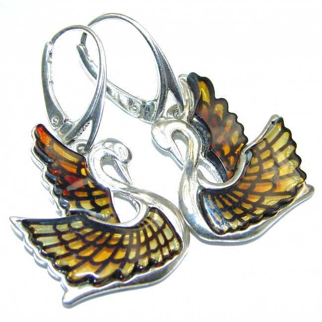Masterpiece Genuine carved Baltic Amber Swans .925 Sterling Silver Earrings