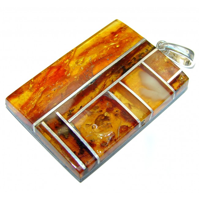 Natural Baltic Amber and Bamboo Wood .925 Sterling Silver handmade Pendant