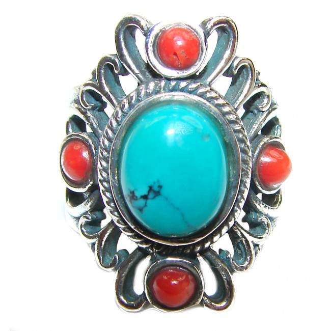 Natural Fossilized Coral & Turquoise .925 Sterling Silver handmade ring s. 8