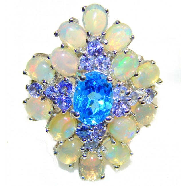 Fancy Ethiopian Opal Swiss Blue Topaz .925 Sterling Silver handcrafted ring size 8 1/2