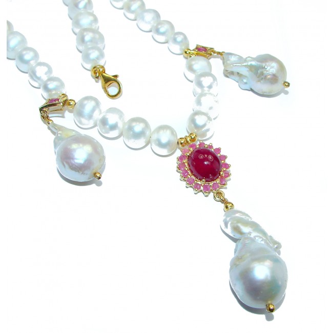 Tsarist heirloom Pearl & Natural Ruby 4K Gold over .925 Sterling Silver handmade Necklace