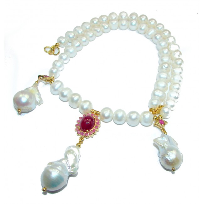 Tsarist heirloom Pearl & Natural Ruby 4K Gold over .925 Sterling Silver handmade Necklace