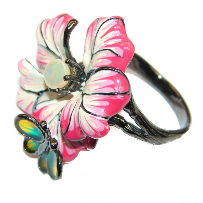 Elegant Enamel Pink Flower .925 Sterling Silver Ring s. 9 3/4
