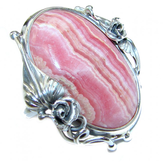 Large best quality Argentinian Rhodochrosite .925 Sterling Silver handmade ring size 8 adjustable