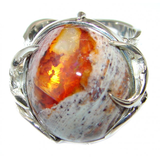 Positive Energy Orange Genuine Mexican Opal .925 Sterling Silver handmade Ring size 9