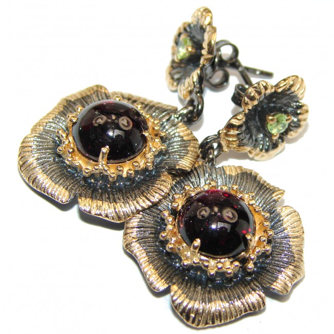 Floral Design Huge Authentic 32ct Garnet 14K Gold over .925 Sterling Silver handmade earrings