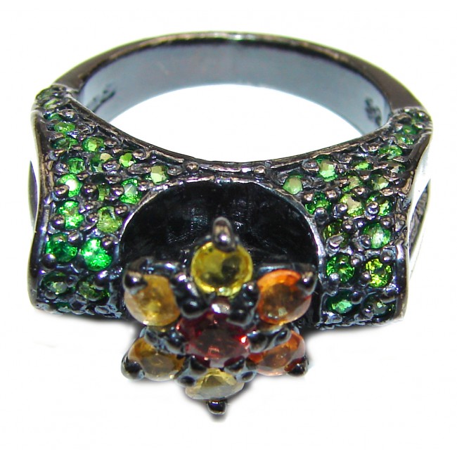 Fancy multicolor Sapphire black rhodium over .925 Sterling Silver handcrafted ring size 8