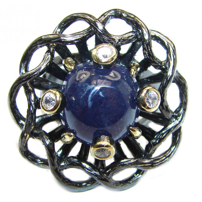 Large Genuine Sapphire Black rhodium over .925 Sterling Silver handcrafted Statement Ring size 8 1/4