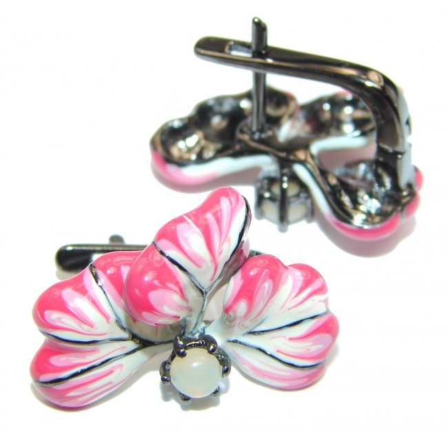 Genuine Enamel Pink Flower .925 Sterling Silver handcrafted Earrings