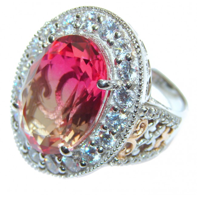 Huge Top Quality Volcanic Pink Tourmaline 18K Gold over .925 Sterling Silver handcrafted Ring s. 8 1/2