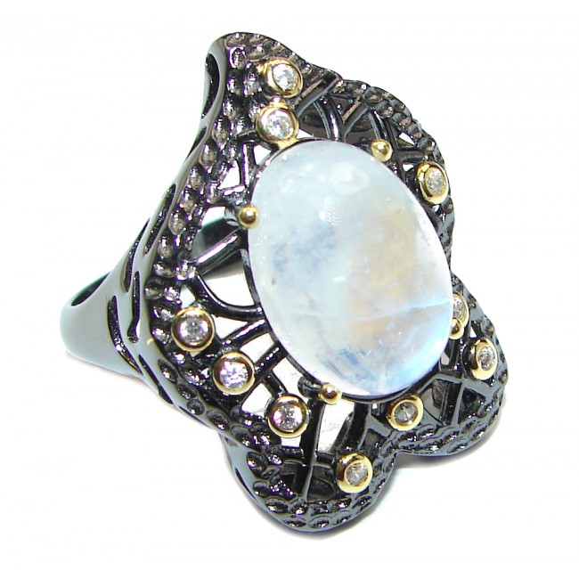 Fire Moonstone Peridot black rhodium over .925 Sterling Silver handmade ring s. 8 1/4