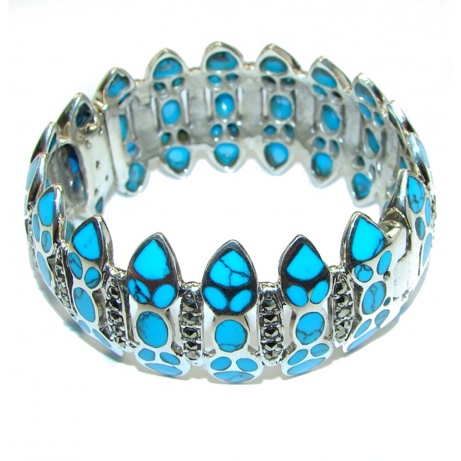 Huge Boho Chic Genuine Beauty inlay Turquoise .925 Sterling Silver handmade Bracelet