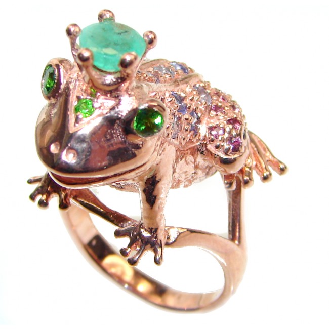 Large Frog Genuine Emerald rose gold over .925 Sterling Silver handcrafted Statement Ring size 8 3/4