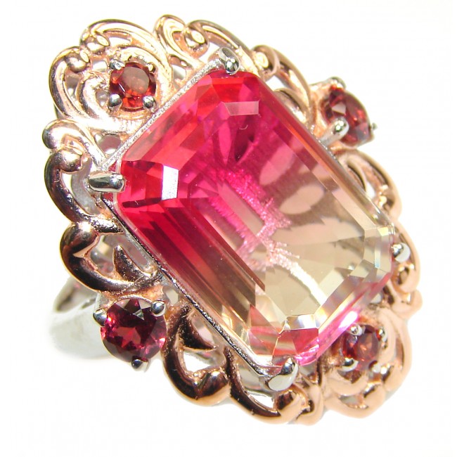 Huge Top Quality Volcanic Pink Tourmaline 18K Gold over .925 Sterling Silver handcrafted Ring s. 8 1/4
