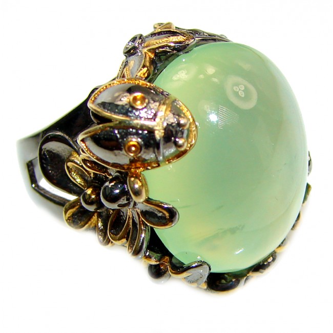 Lady bug Natural Prehnite Peridot black rhodium over .925 Sterling Silver handmade ring s. 9
