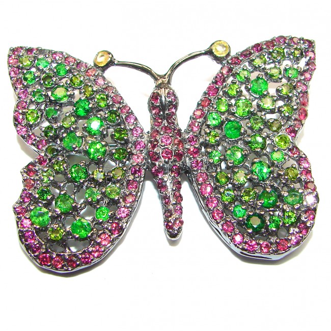 Large Beautiful Butterfly genuine Chrome Diopside .925 Sterling Silver handmade Pendant - Brooch
