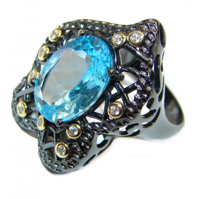 Melissa Genuine Swiss Blue Topaz black rhodium over .925 Sterling Silver handcrafted Statement Ring size 8