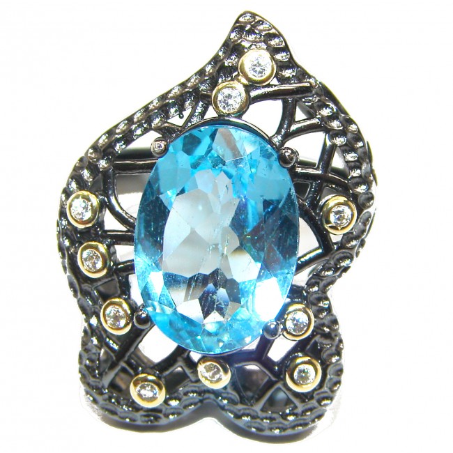 Melissa Genuine Swiss Blue Topaz black rhodium over .925 Sterling Silver handcrafted Statement Ring size 8