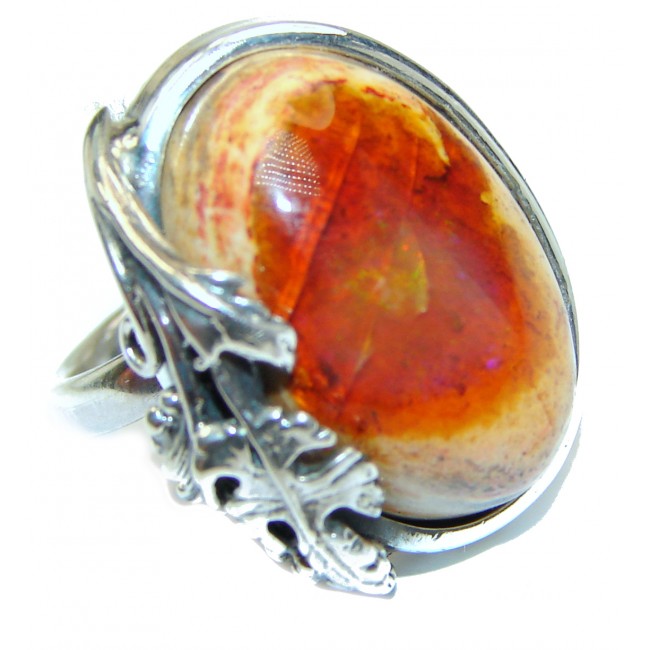 Positive Energy Orange Genuine Mexican Opal .925 Sterling Silver handmade Ring size 8 adjustable