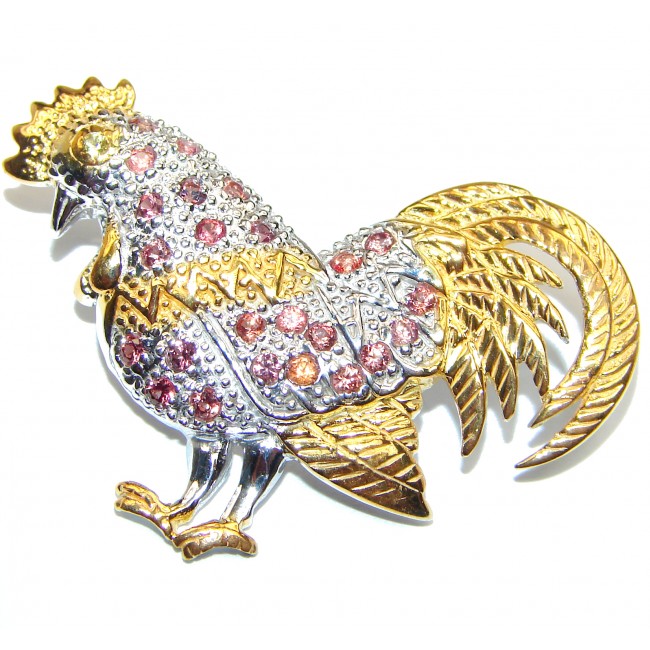 Rooster authentic RUBY .925 Sterling Silver handmade Pendant Brooch