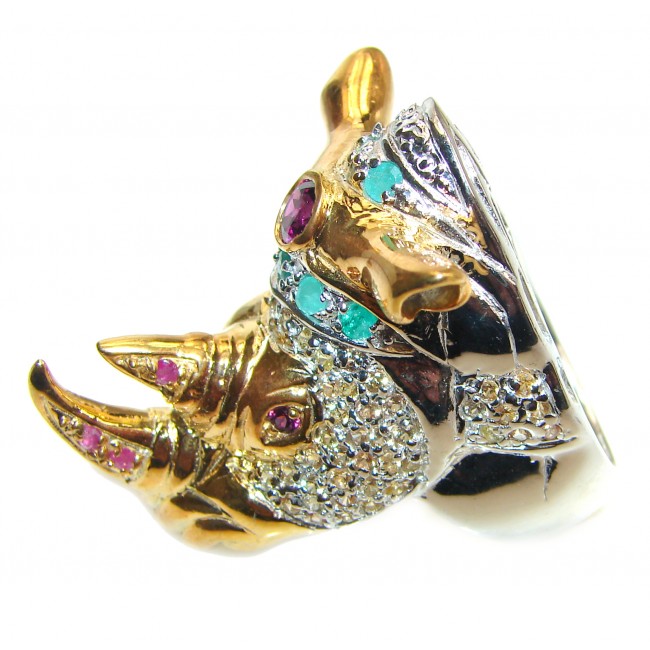 Jumbo Ruby Emerald Golden Rhino .925 Sterling Silver Ring s. 8
