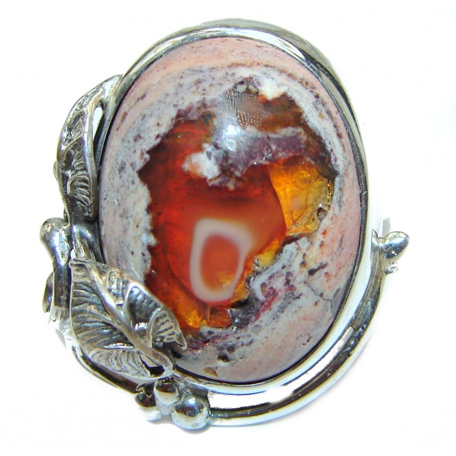 Positive Energy Orange Genuine Mexican Opal .925 Sterling Silver handmade Ring size 8 adjustable