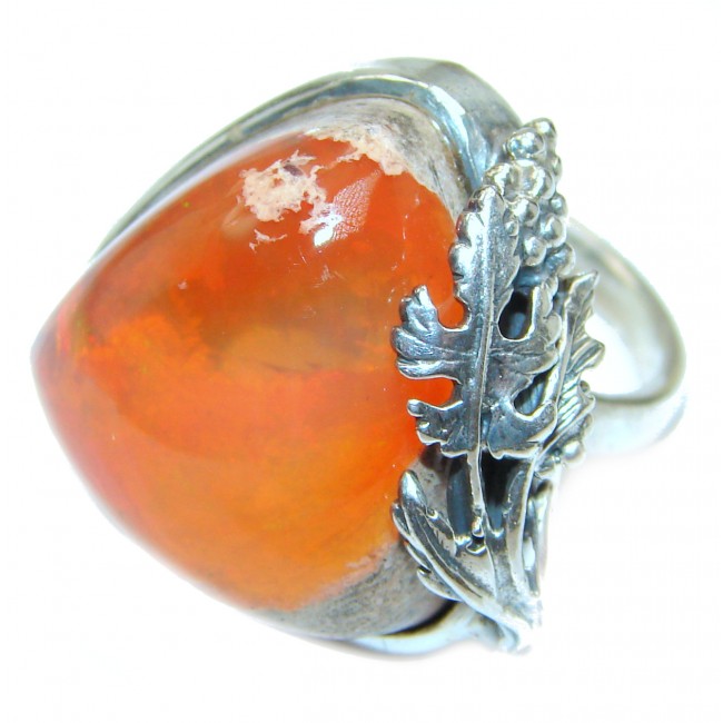 Huge Positive Orange Genuine Mexican Opal .925 Sterling Silver handmade Ring size 8 adjustable