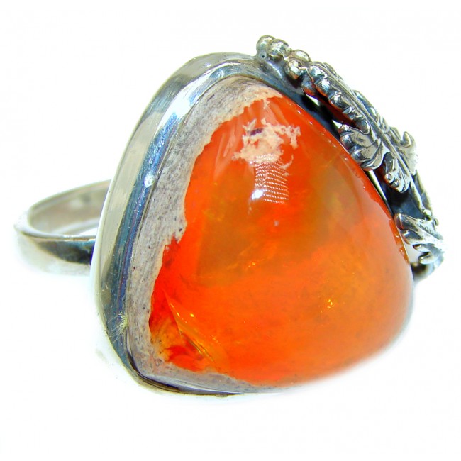 Huge Positive Orange Genuine Mexican Opal .925 Sterling Silver handmade Ring size 8 adjustable