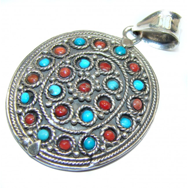 Exquisite Coral Turquoise .925 Sterling Silver handmade Pendant
