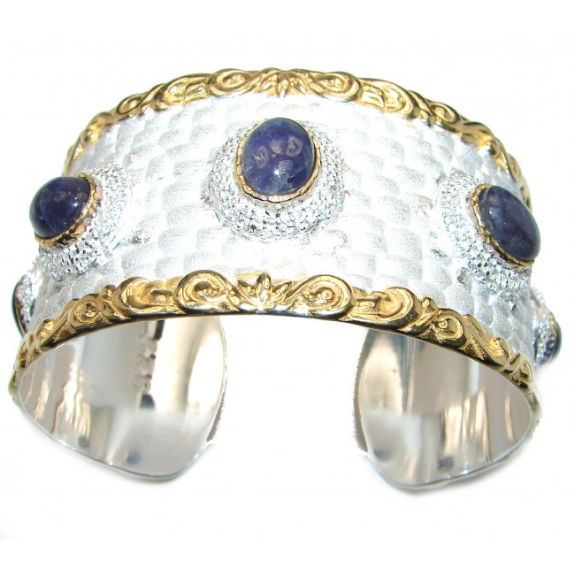 Bracelet with Cabochon Tanzanite & Diamonds 24K gold and Silver in Antique White Patina