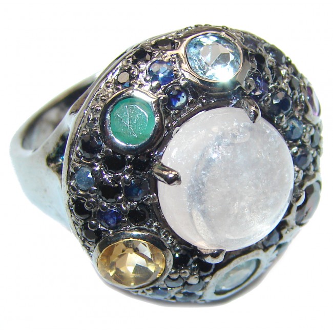 Fire Moonstone Peridot black rhodium over .925 Sterling Silver handmade ring s. 9