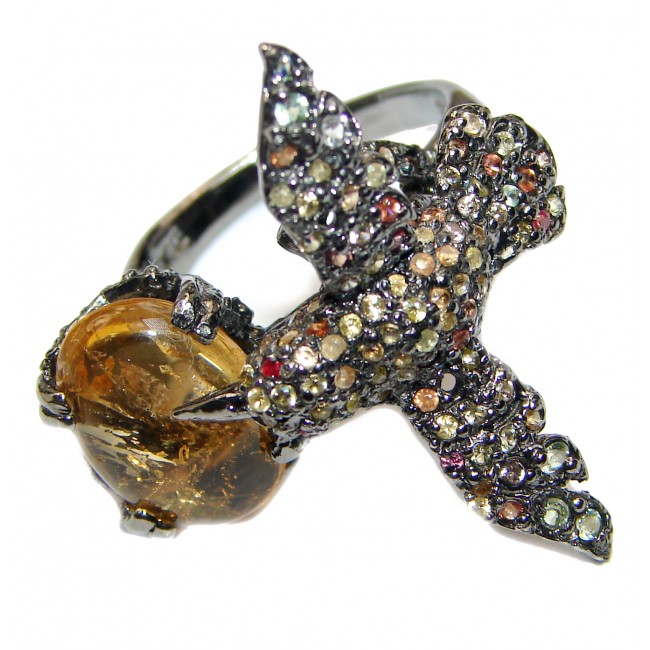 Hummingbird genuine Golden Rutilated Quartz black rhodium over .925 Sterling Silver handmade Ring size 8 1/2