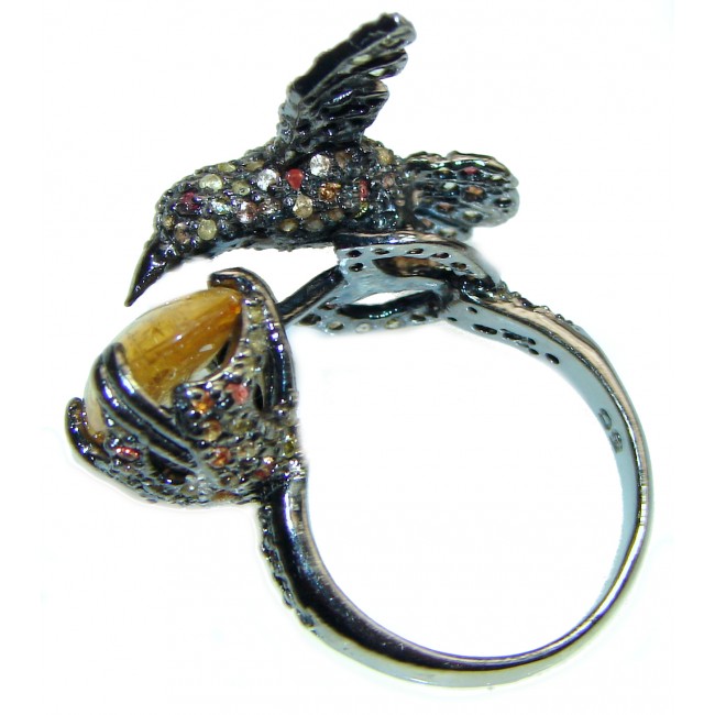 Hummingbird genuine Golden Rutilated Quartz black rhodium over .925 Sterling Silver handmade Ring size 8 1/2