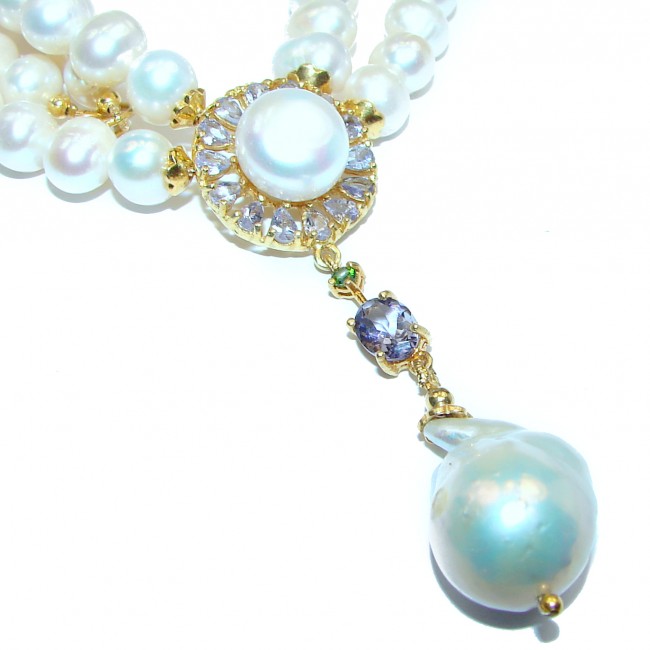 Tsarist heirloom Pearl & Natural Tanzanite 14K Gold over .925 Sterling Silver handmade Necklace