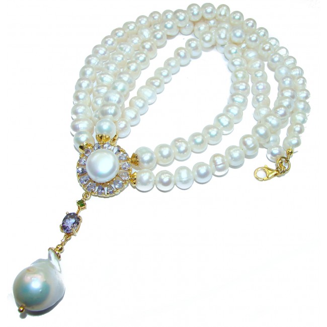 Tsarist heirloom Pearl & Natural Tanzanite 14K Gold over .925 Sterling Silver handmade Necklace