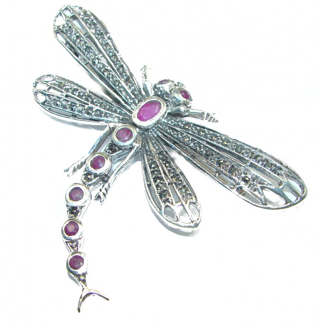 Incredible Dragonfly Natural Ruby 925 Sterling Silver Pendant Brooch