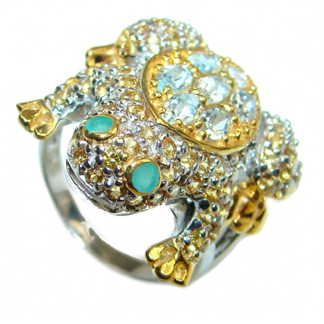 Large Frog Genuine Swiss Blue Topaz Emerald 18K Gold over .925 Sterling Silver handcrafted Statement Ring size 8