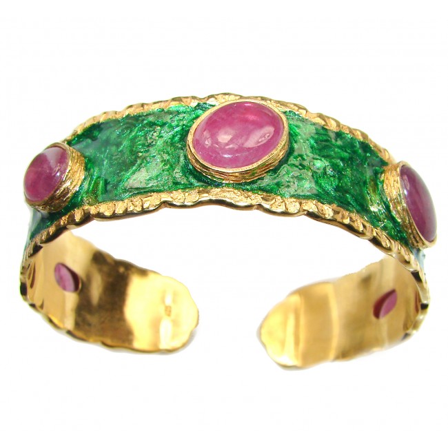 Green Enamel Royalty Kashmir Ruby .925 Sterling Silver handcrafted Bracelet cuff