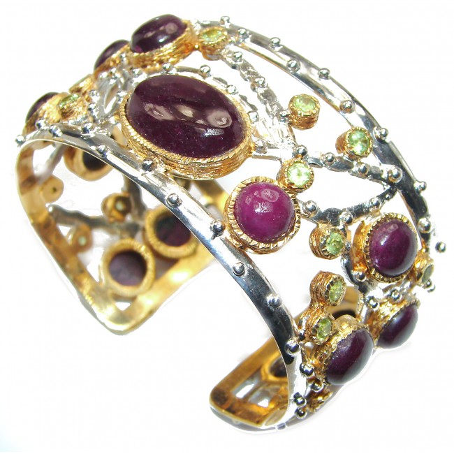 Enchanted Beauty Ruby 24K Gold over .925 Sterling Silver antique patina Bracelet / Cuff