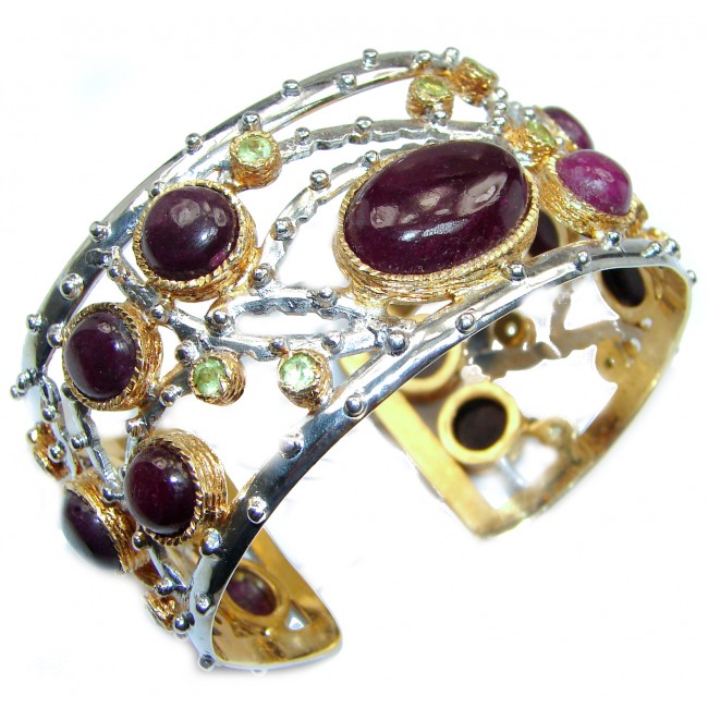 Enchanted Beauty Ruby 24K Gold over .925 Sterling Silver antique patina Bracelet / Cuff