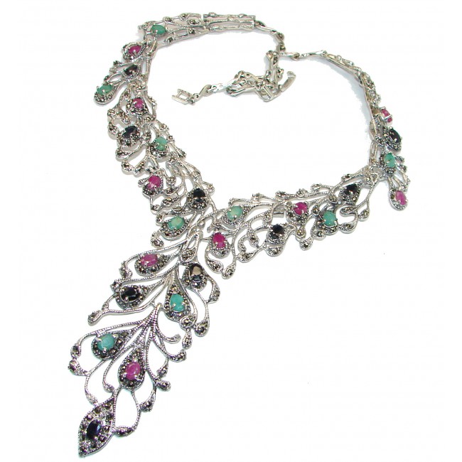 Magnificent Jewel authentic Kashmir Ruby Marcasite .925 Sterling Silver handcrafted necklace