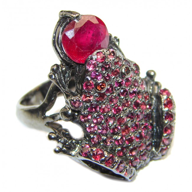 Large Frog Genuine Ruby black rhodium over .925 Sterling Silver handcrafted Statement Ring size 8 1/4