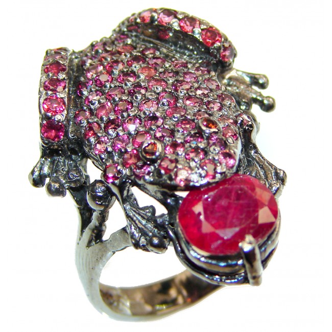 Large Frog Genuine Ruby black rhodium over .925 Sterling Silver handcrafted Statement Ring size 8 1/4