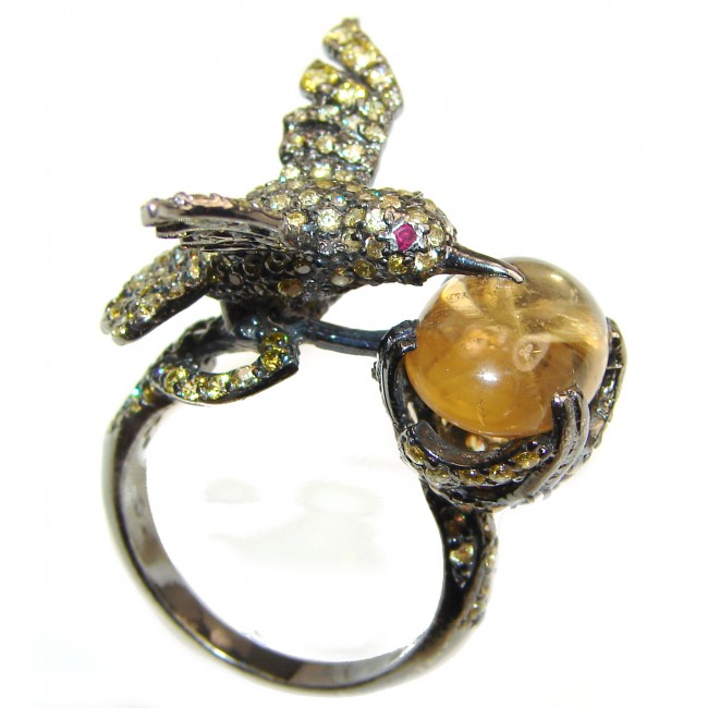 Hummingbird genuine Golden Rutilated Quartz black rhodium over .925 Sterling Silver handmade Ring size 8 3/4