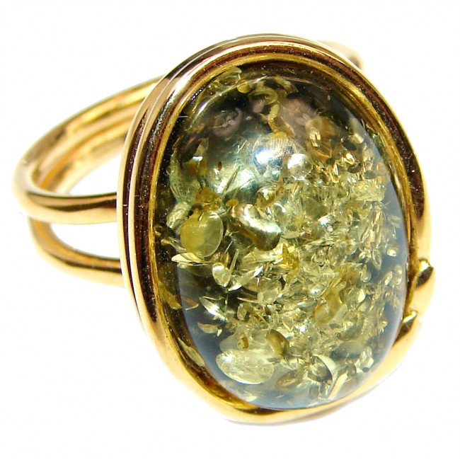 Authentic Green Baltic Amber 14K Gold over .925 Sterling Silver handcrafted ring; s 8 adjustable