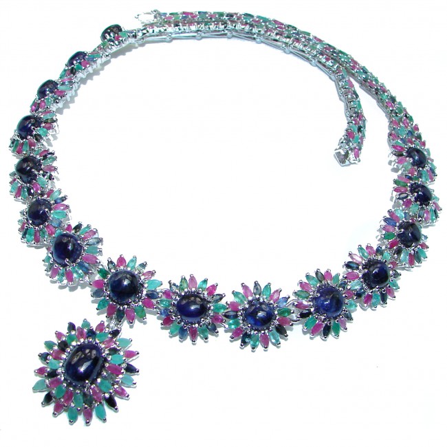 Magnificent Jewel authentic Sapphire Ruby Emerald .925 Sterling Silver handcrafted necklace