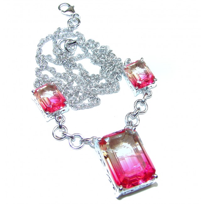 Emerald cut Pink Tourmaline color Topaz .925 Sterling Silver handcrafted necklace
