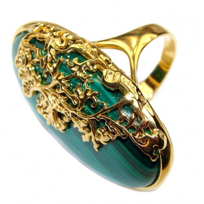 Natural Best quality Malachite 14k Gold over .925 Sterling Silver handcrafted ring size 8 1/4